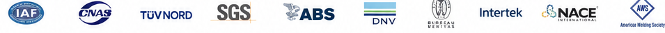 IAF, CNAS, TÜV NORD, SGS, ABS, DNV, Bureau Veritas, Intertek, NACE International and American Welding Society logos