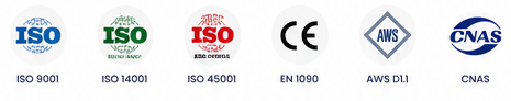 ISO 9001, ISO 14001, ISO 45001, EN 1090, AWS D1.1 and CNAS certifications