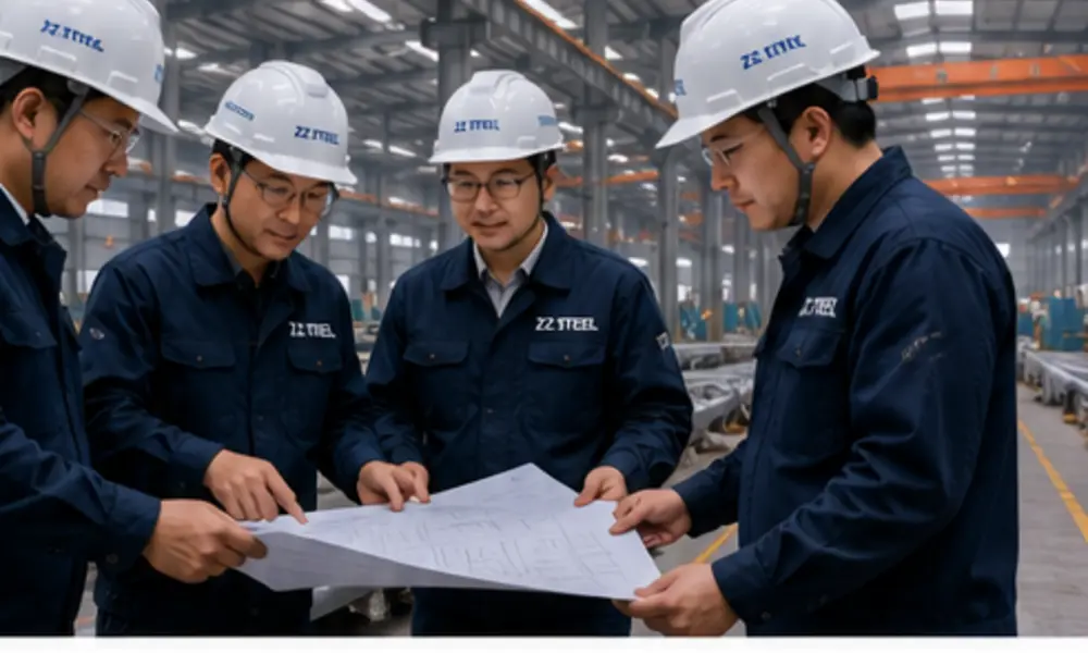 Four ZZ Steel professionals reviewing drawings in the workshop