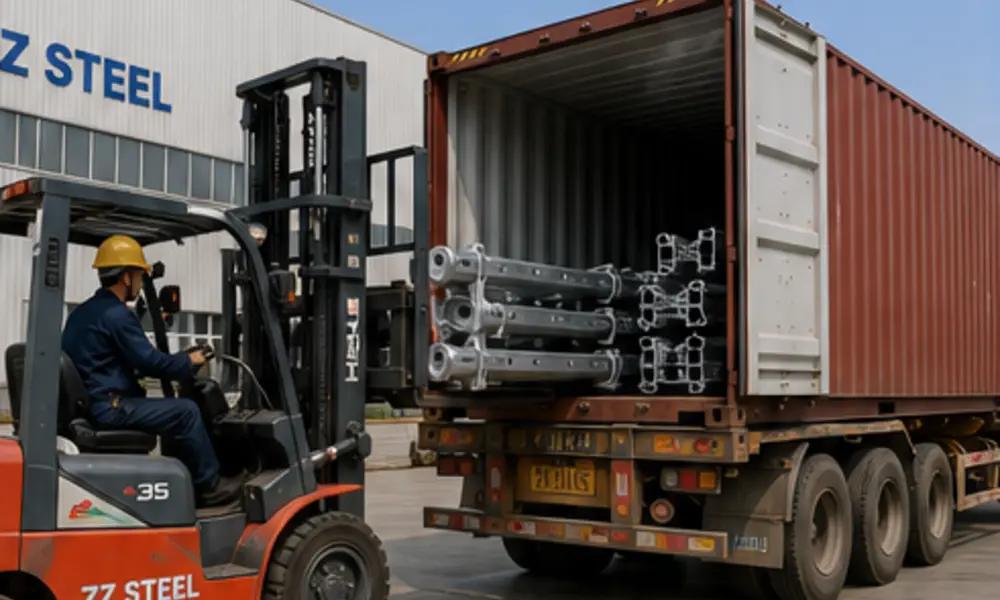 ZZ Steel forklift loading galvanized steel parts into a shipping container