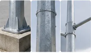 Galvanized steel pole base, flange and arm connection details
