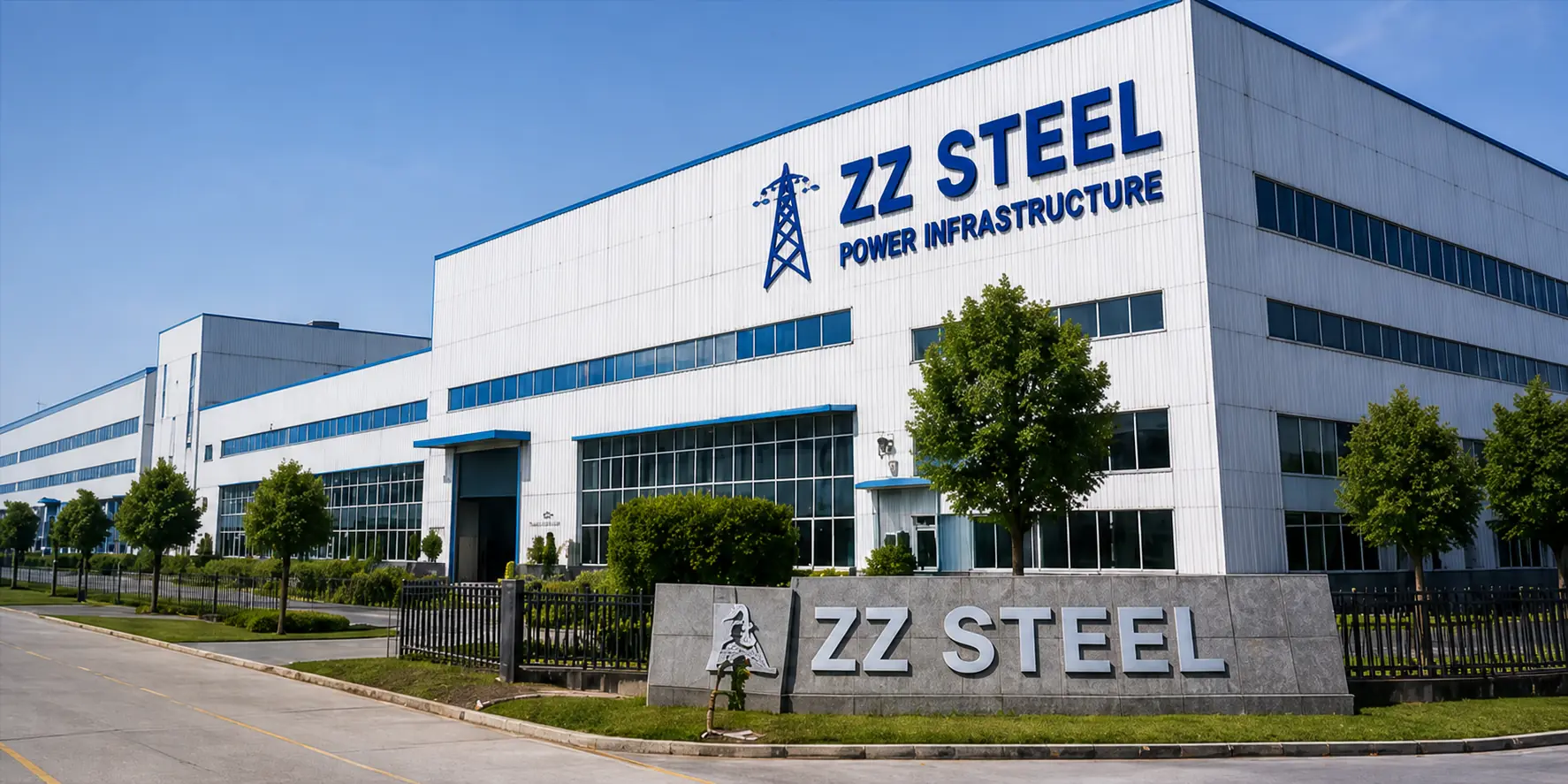 ZZ Steel factory main entrance with company building sign and stone nameplate