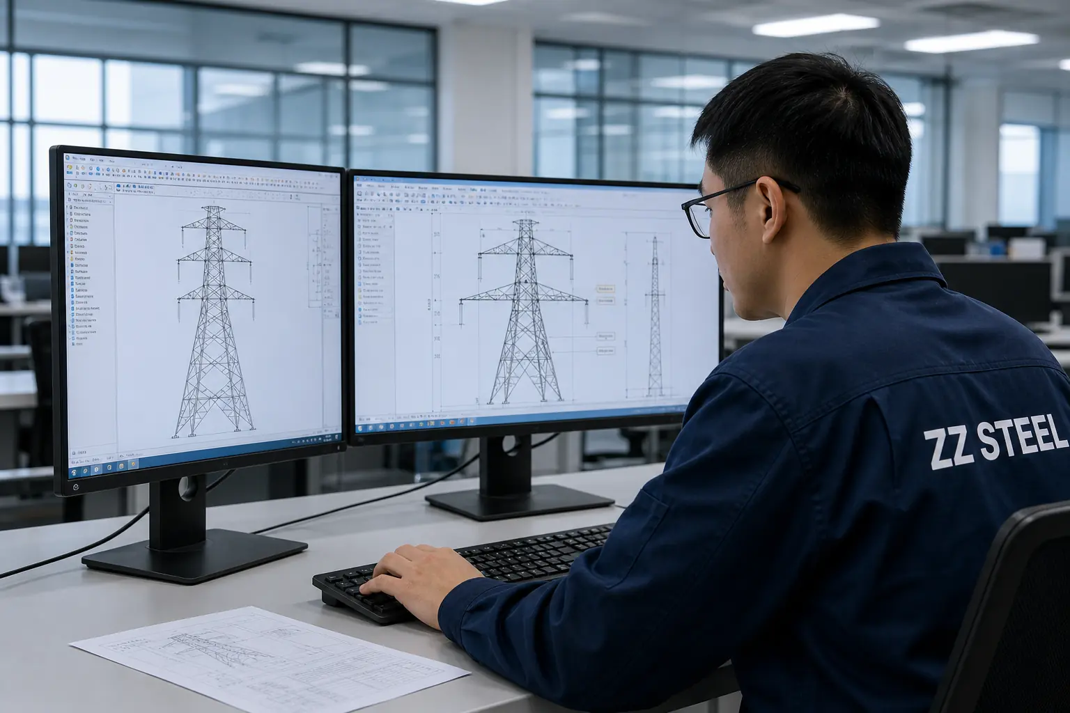 Power infrastructure engineer reviewing transmission tower CAD drawings