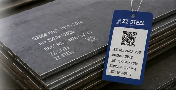 Steel heat-number markings and ZZ Steel traceability tag